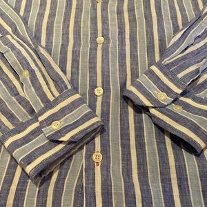 Toscano Linen L/S Button Down Shirt Striped Blue White Size XL